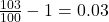 \frac{103}{100}-1=0.03